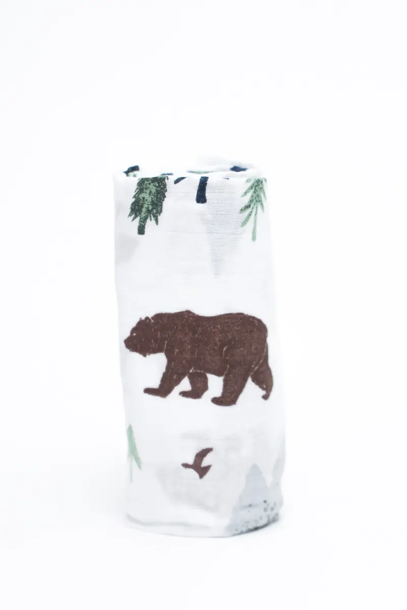 White, Brown and Green Yosemite Bamboo Rayon Muslin Swaddle Blanket