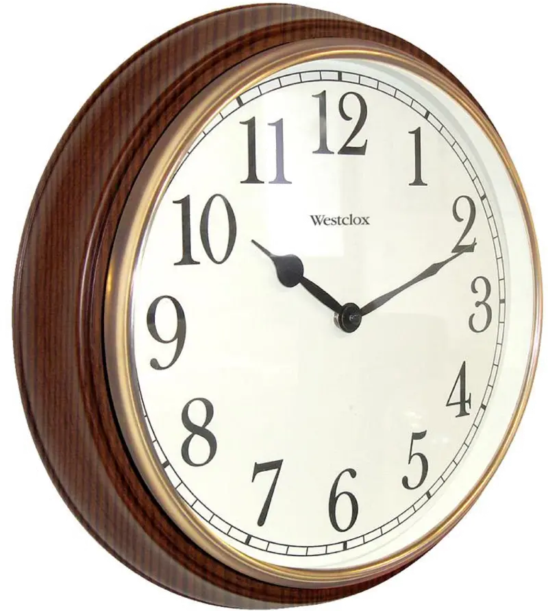 15 Inch Round Brown Wood-Look Wall Clock with Gold Bezel