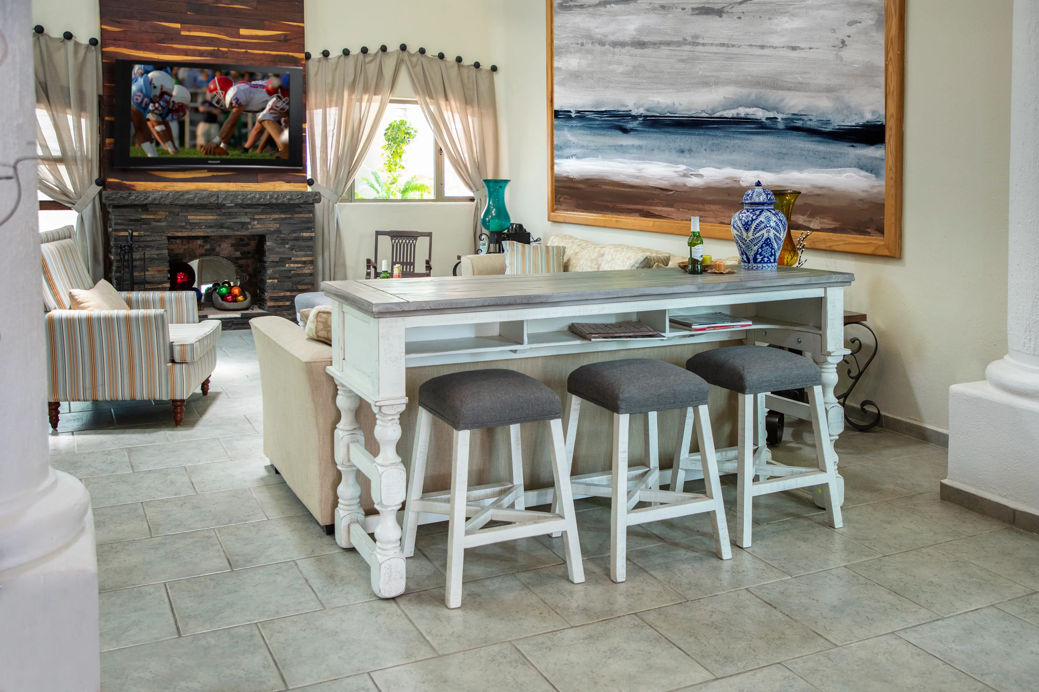 Stone White Wash Console Table with 3 Stools-2