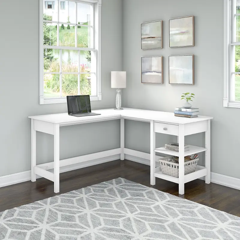 Pure White Single Pedestal L-Desk - Bush Furniture