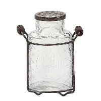 DE3876/GLSVASE 5 Inch Glass Vase with Metal Frog Lid and Handles