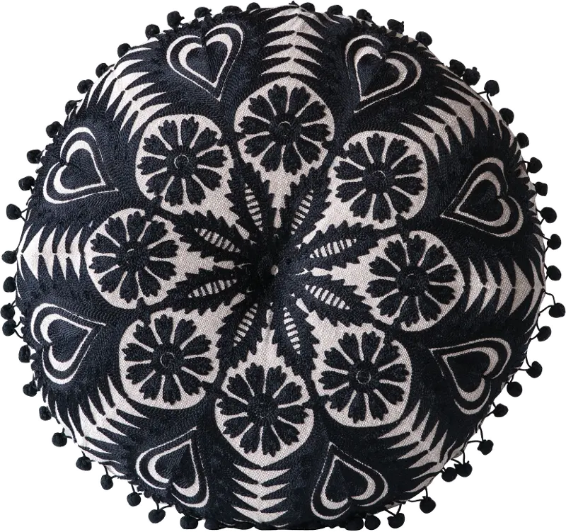 Round Black Embroidered Throw Pillow with Pom-Pom Trim