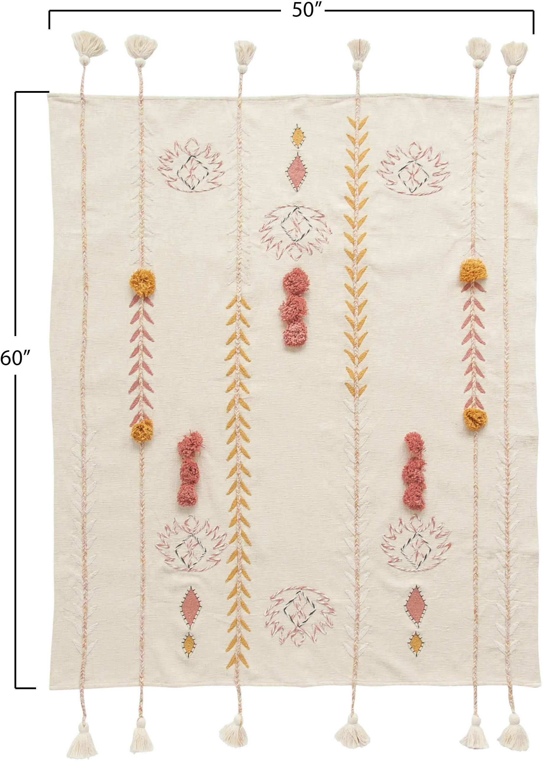 DF1631/CRMTHROW Cream Embroidered Throw Blanket with Tassels and Applique-3