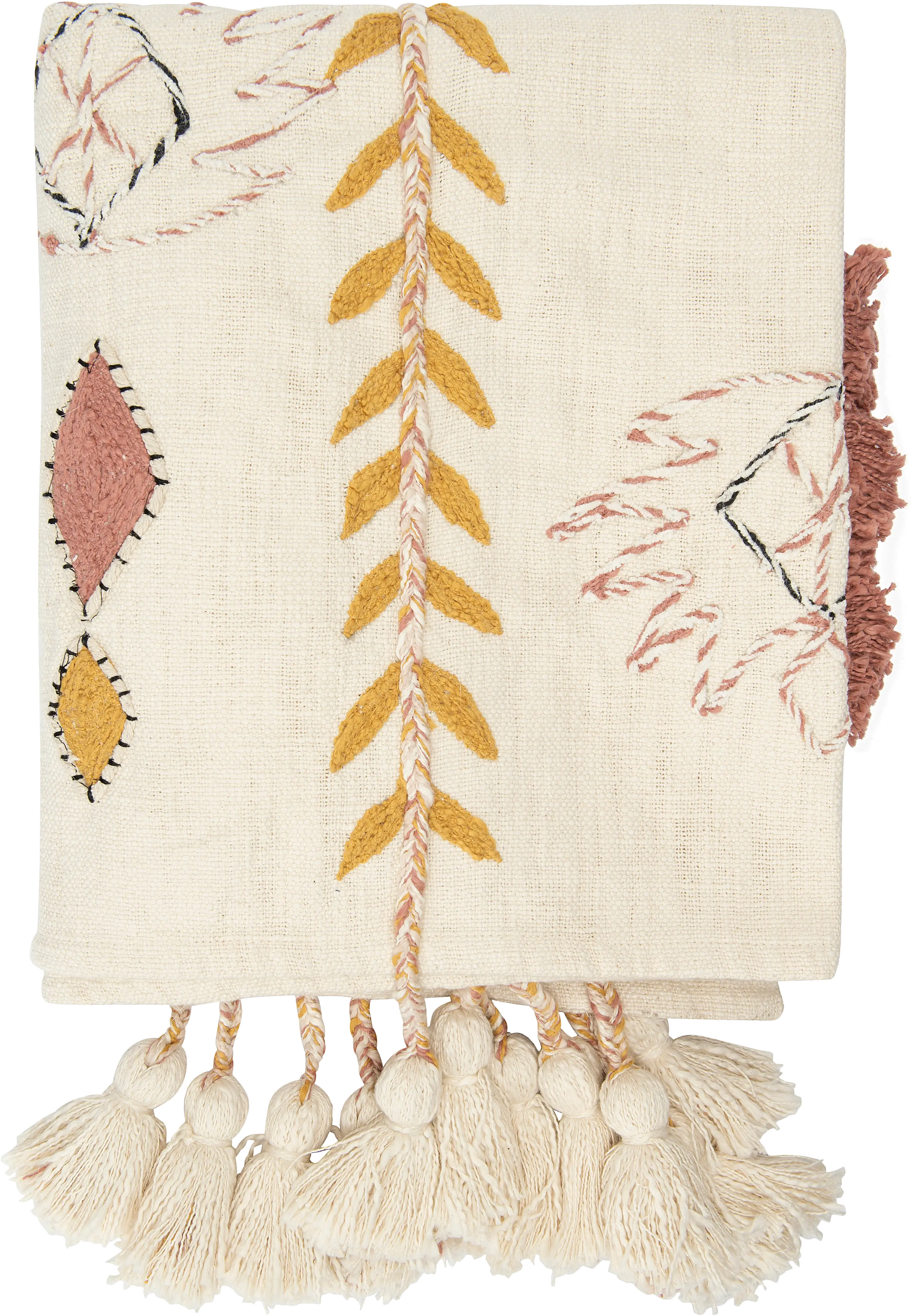 DF1631/CRMTHROW Cream Embroidered Throw Blanket with Tassels and Applique-4