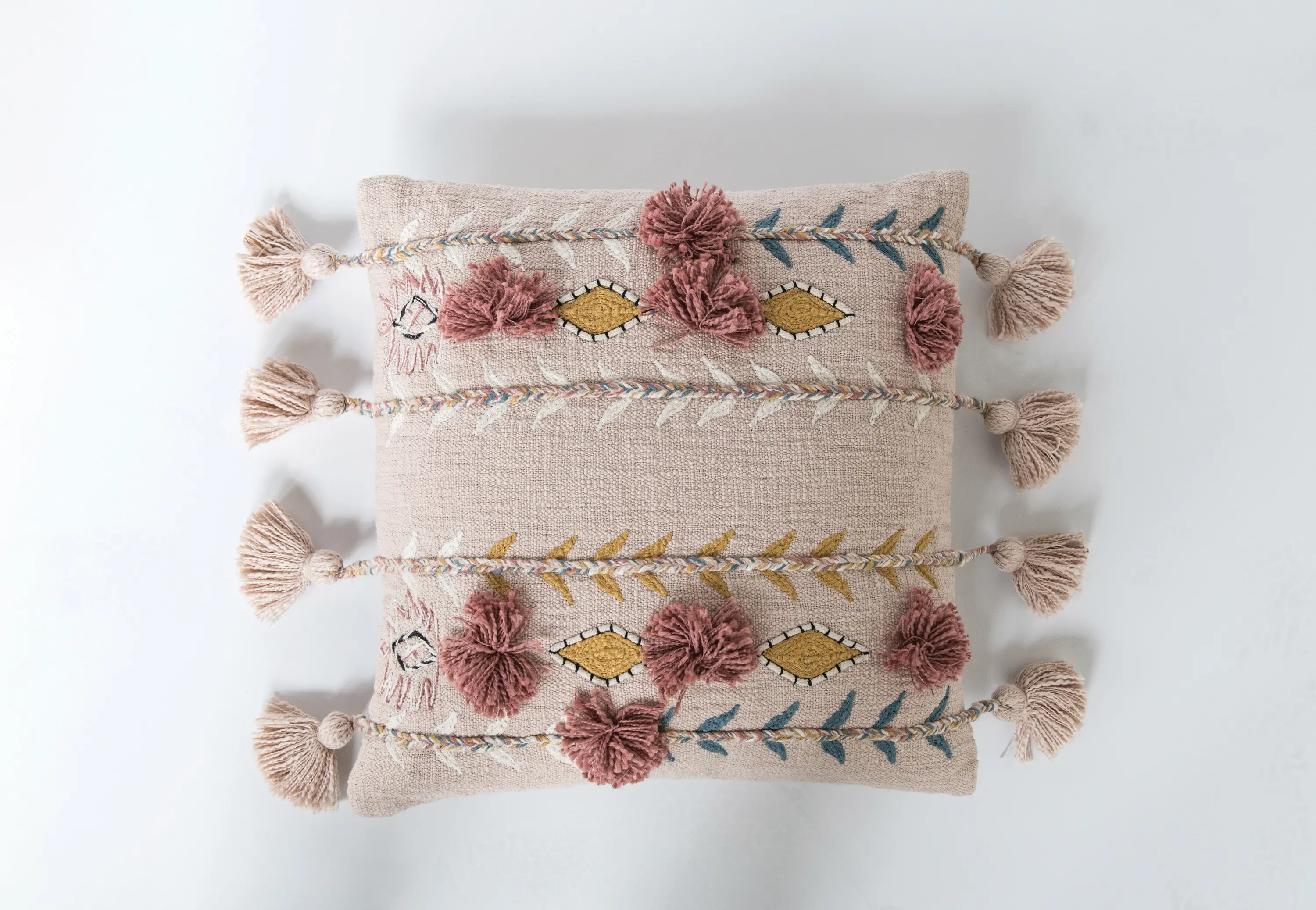 DF1632/PNKPLLW Pink Cotton Embroidered Throw Pillow with Tassels-2