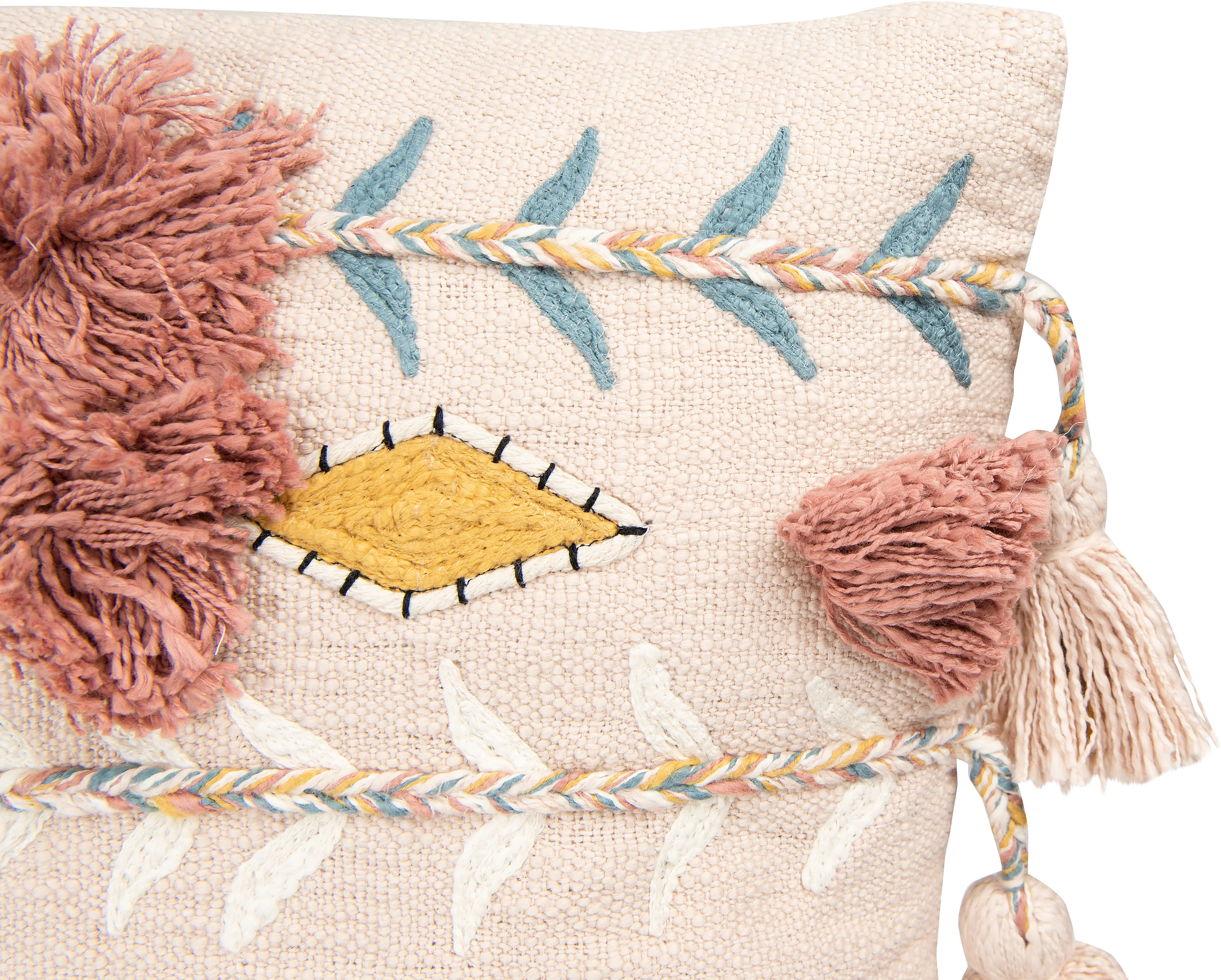DF1632/PNKPLLW Pink Cotton Embroidered Throw Pillow with Tassels-3