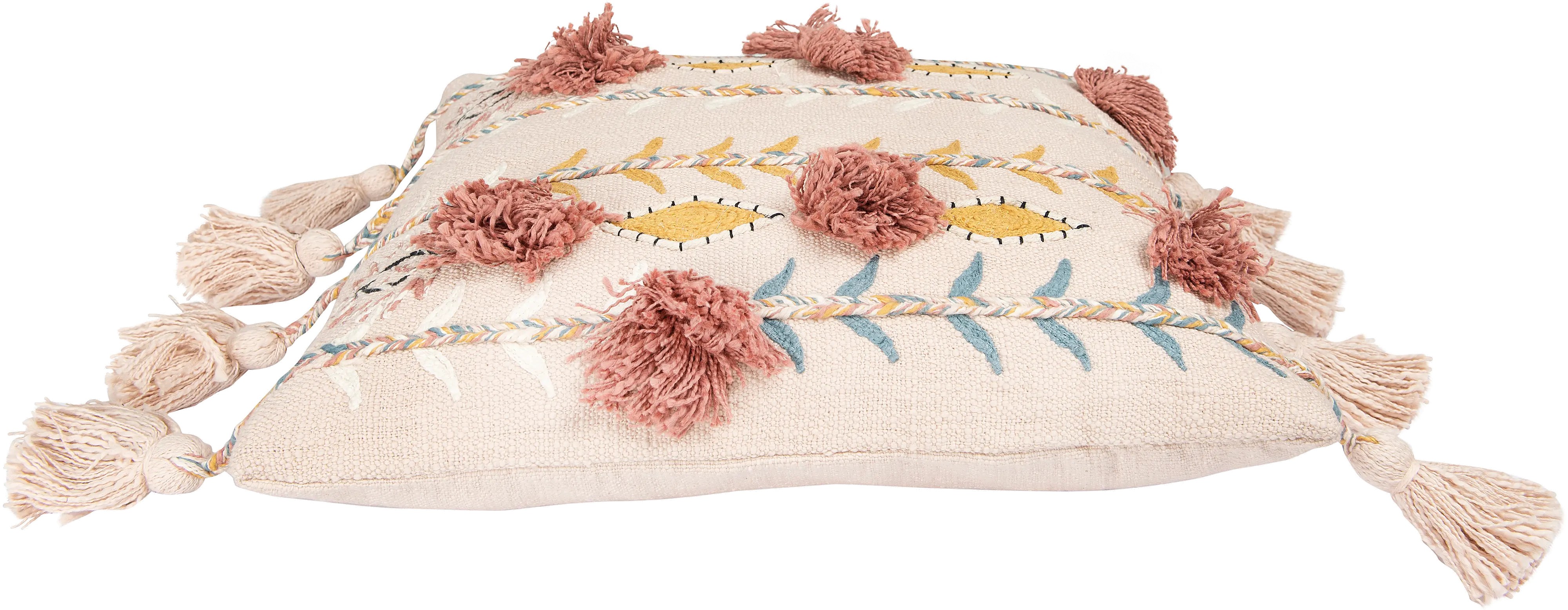 DF1632/PNKPLLW Pink Cotton Embroidered Throw Pillow with Tassels-4