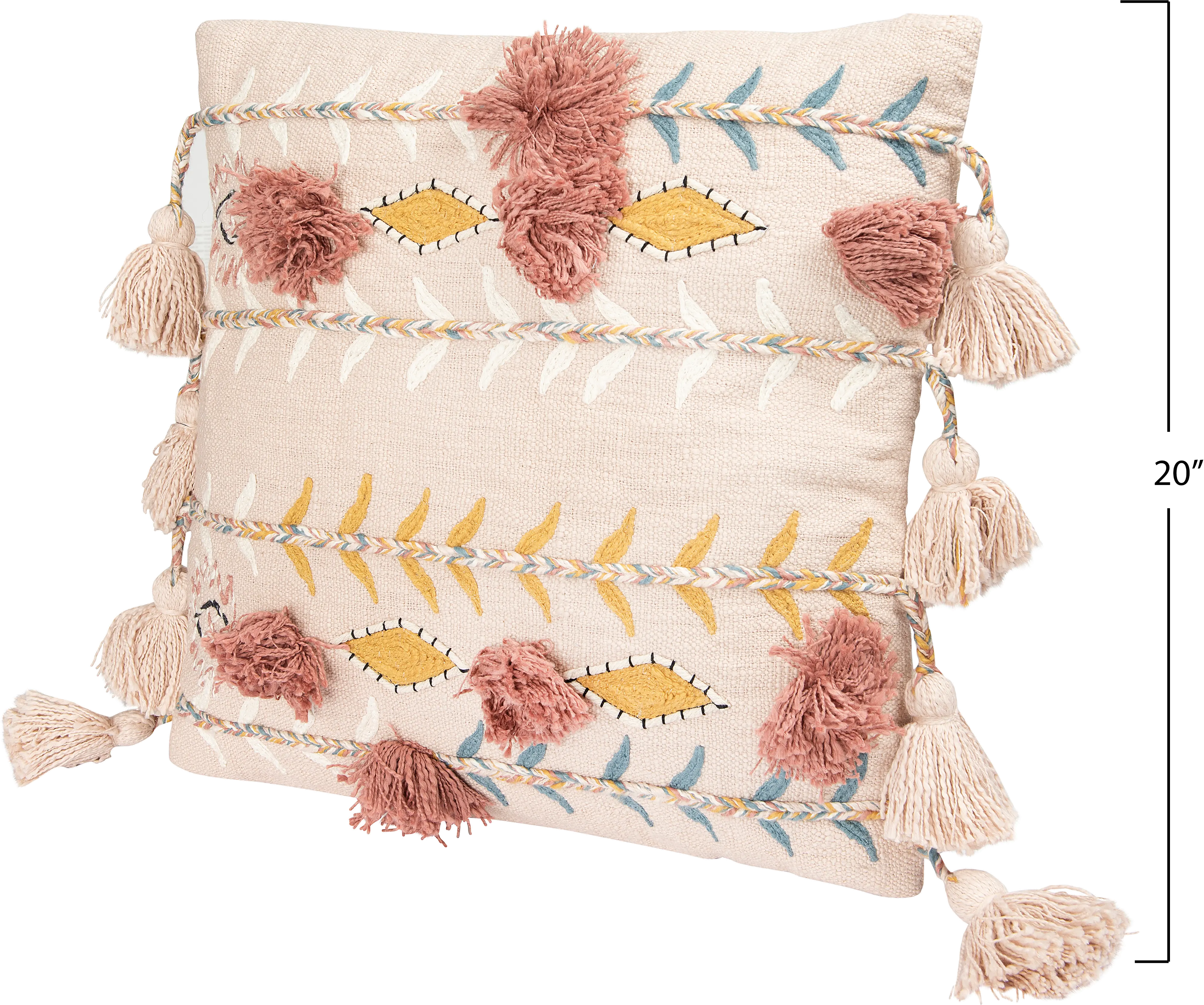 DF1632/PNKPLLW Pink Cotton Embroidered Throw Pillow with Tassels-5