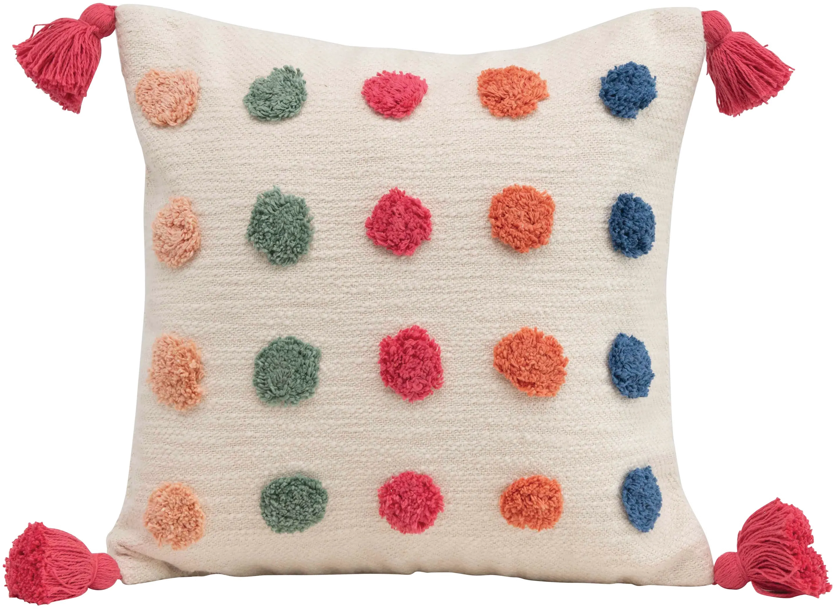 DF2412/MULTIPLLW Multi Color Tufted Dots Woven Cotton Throw Pillow with Tassels-1
