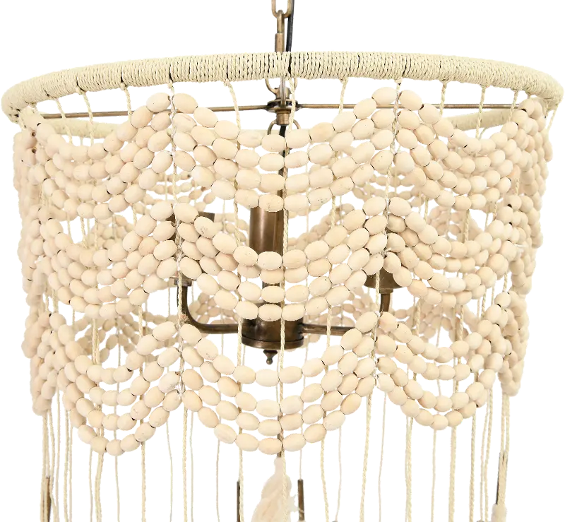 Cotton, Metal and Wood Bead Pendant Lamp with Tassels