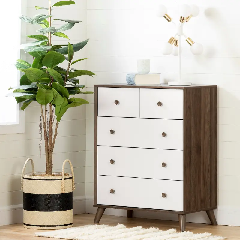 Yodi Modern Walnut Brown and White Chest of Drawers - South Shore