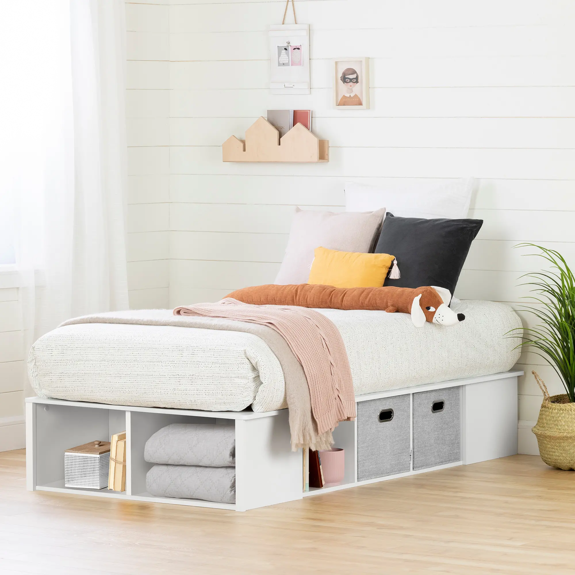 12347 White Twin Platform Bed with Storage Bins - South Shore-2