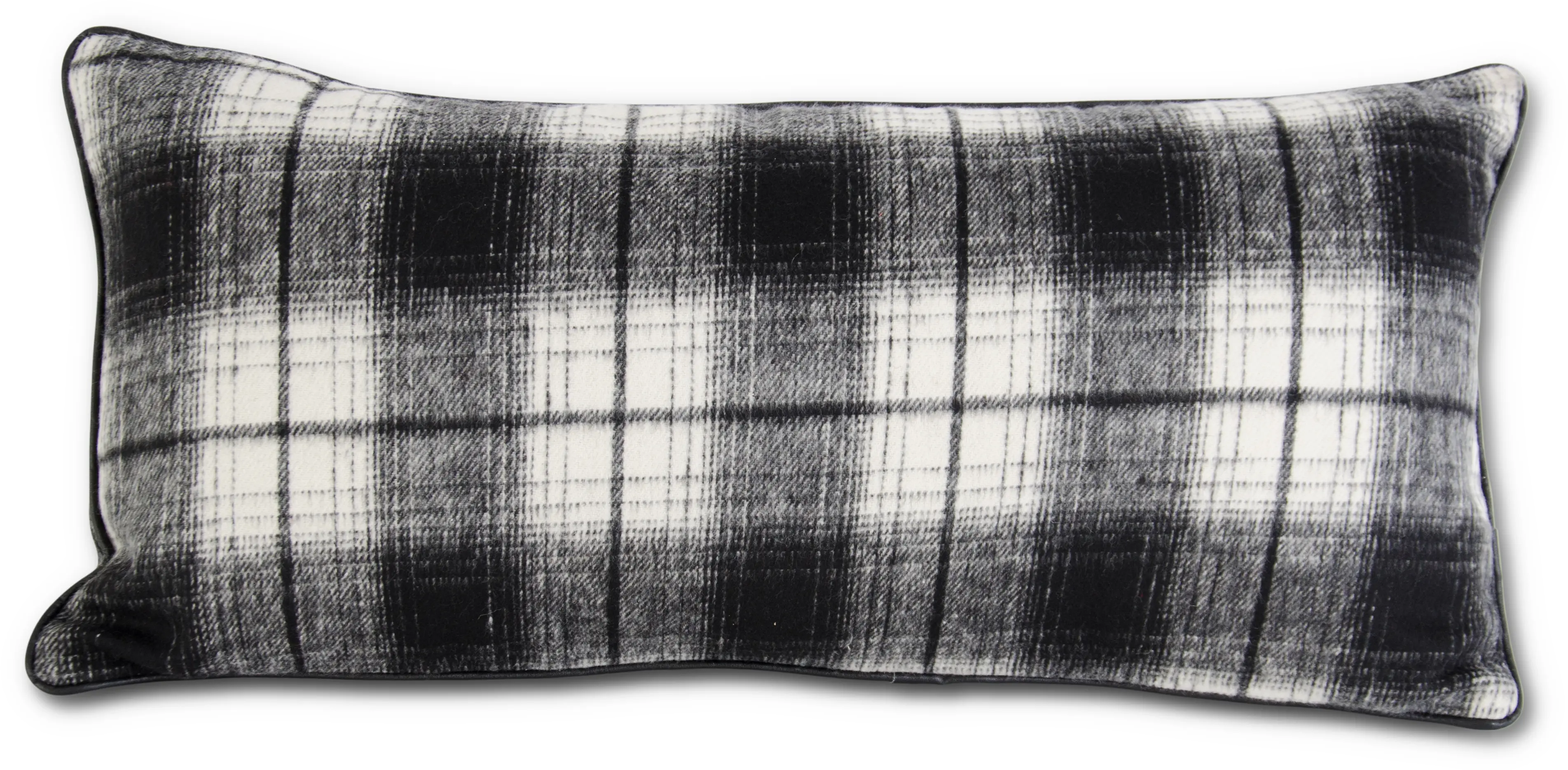Black and Cream Plaid Throw Pillow with Leather Piping-1