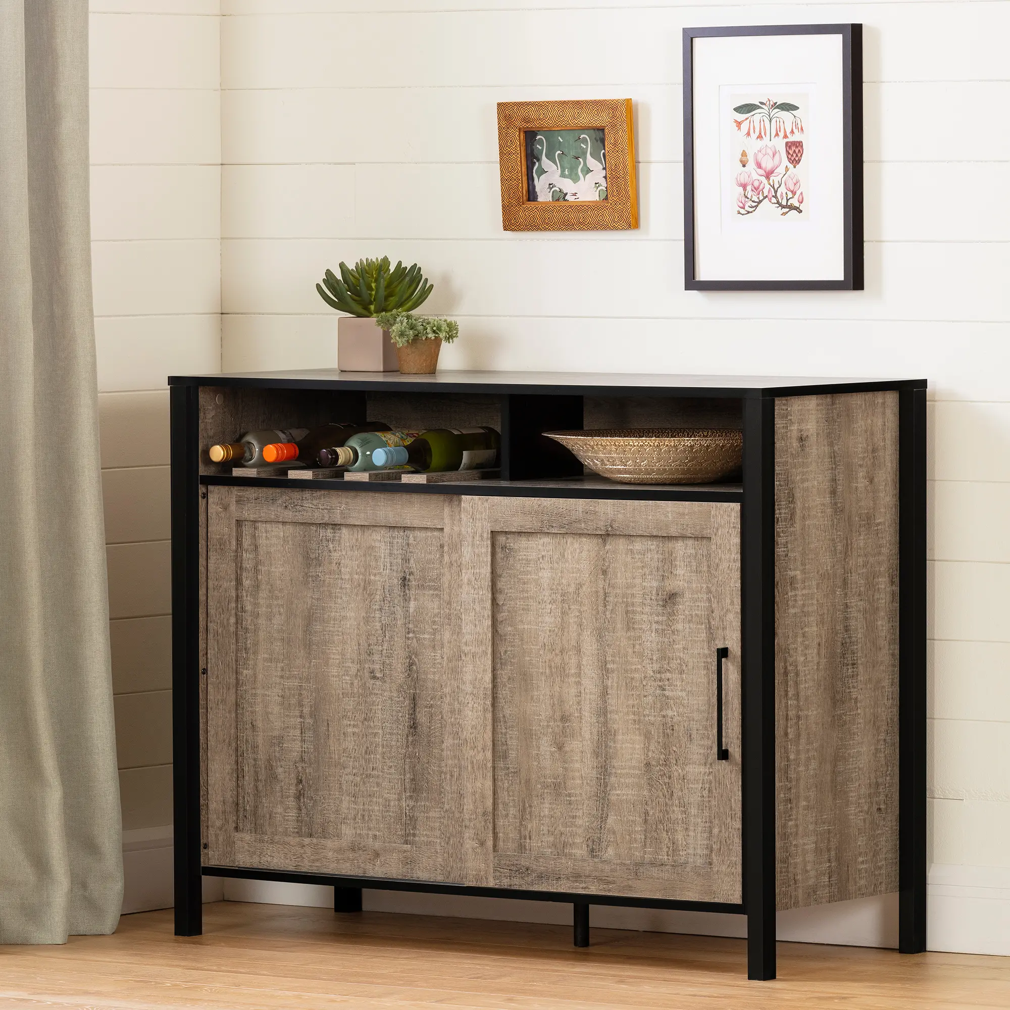 12463 Munich Weathered Oak and Black Bar Cabinet - South Shore-2