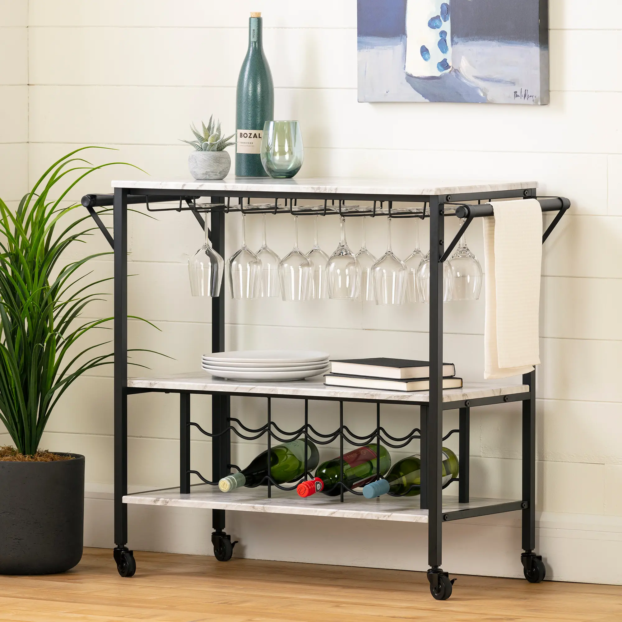 12805 Maliza White Faux Marble and Black Bar Cart - South Shore-2
