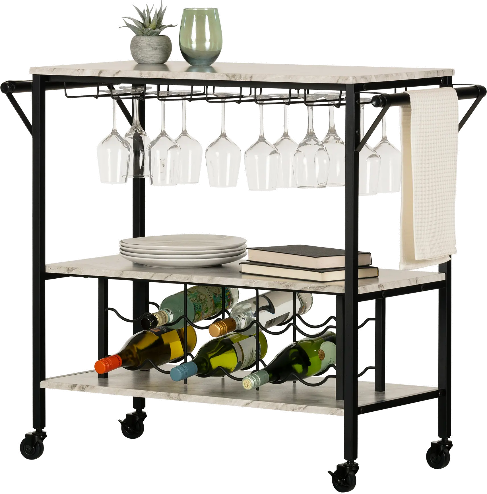 12805 Maliza White Faux Marble and Black Bar Cart - South Shore-1