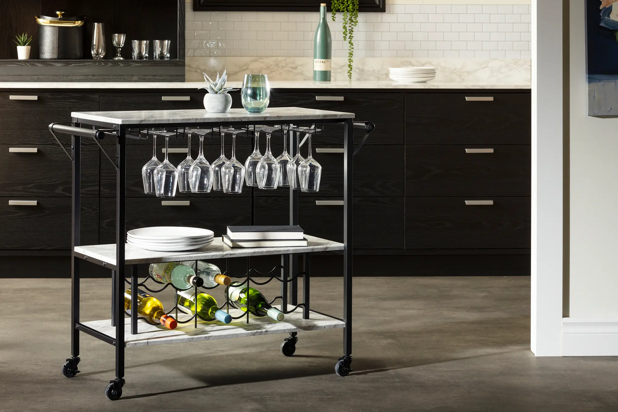12805 Maliza White Faux Marble and Black Bar Cart - South Shore-8