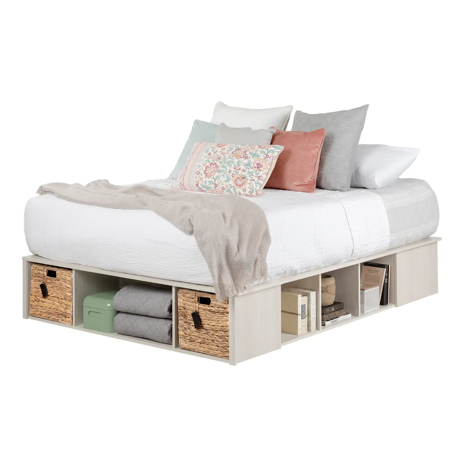 12760 Lilak Winter Oak White Queen Storage Bed with Baskets - South Shore-1