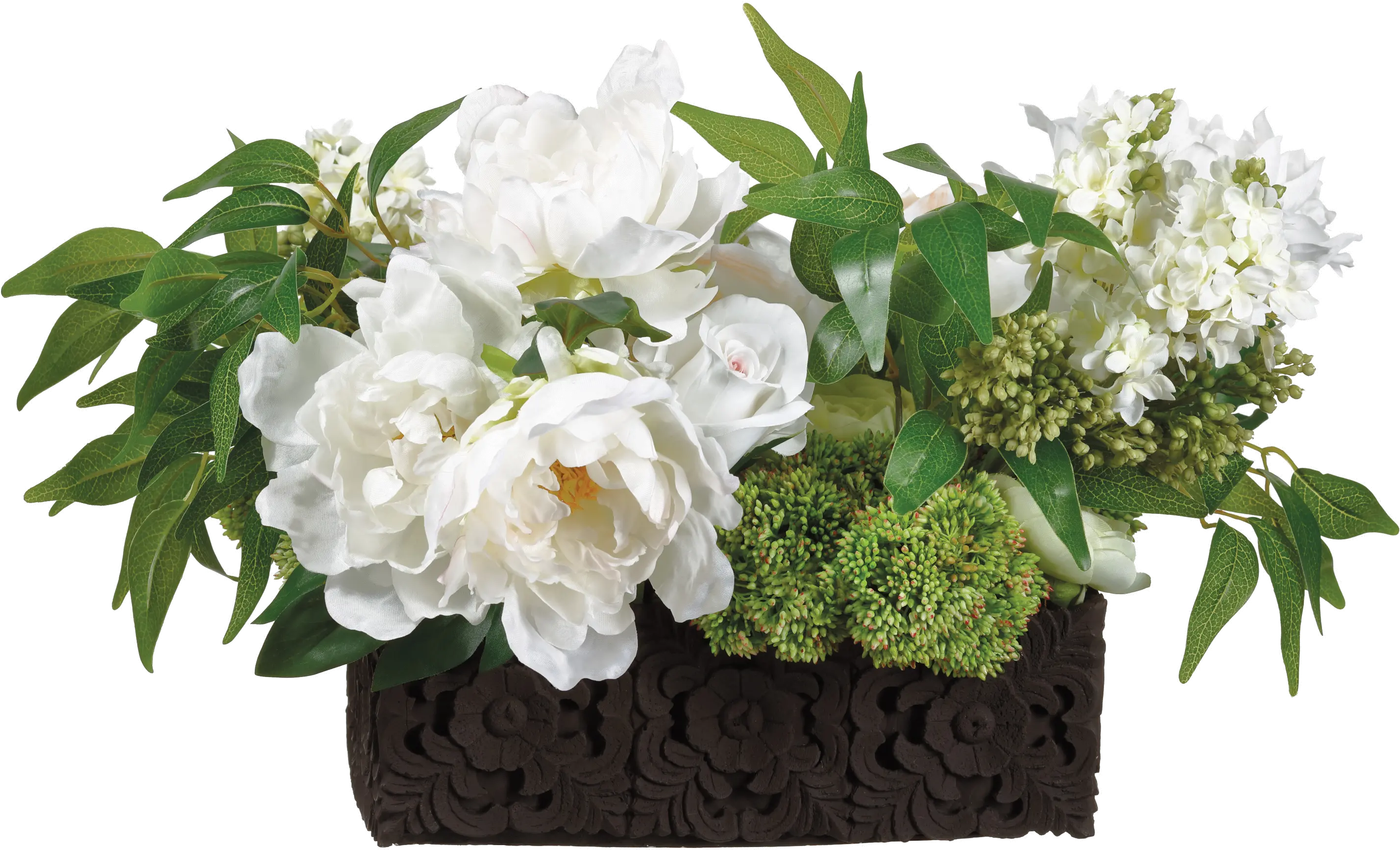 White and Green Lilac and Peony Arrangement in Carved Pot-1