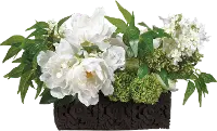 White and Green Lilac and Peony Arrangement in Carved Pot