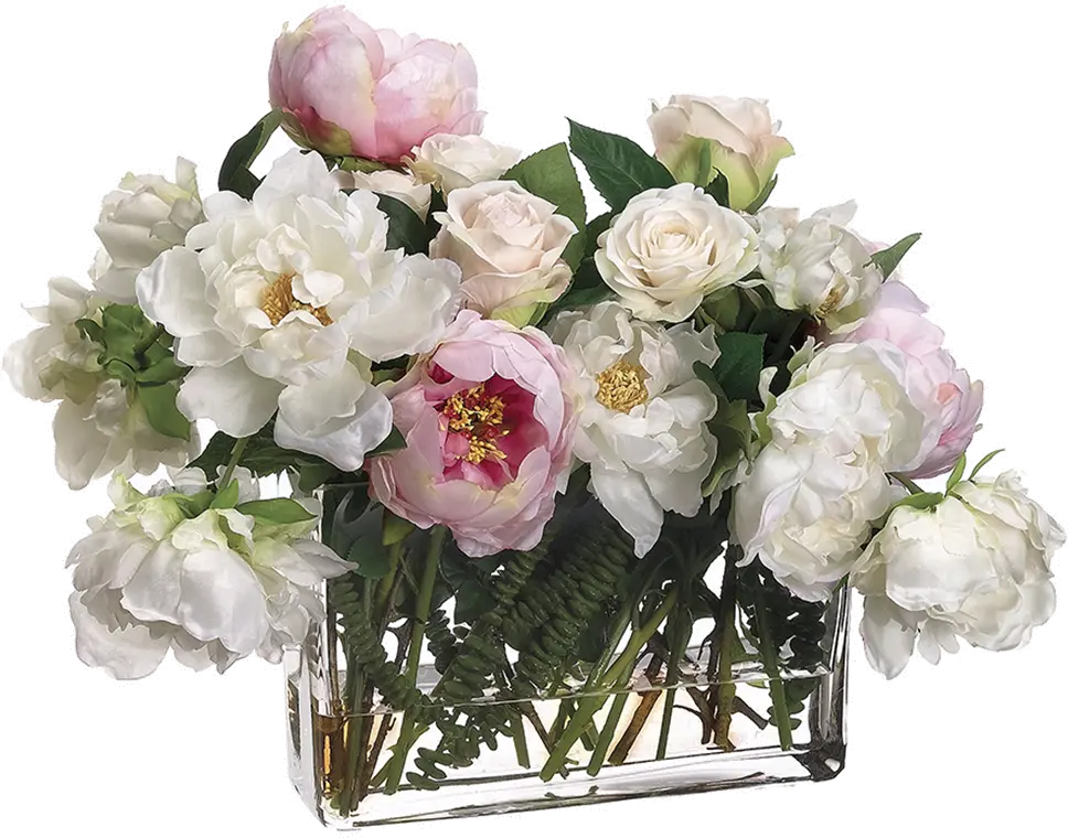 Pink Peony and Rose Mix Faux Arrangement in Glass Vase-1