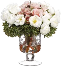 Cream and Pink Faux Ranunculus Rose and Berry Arrangement in Glass Vase