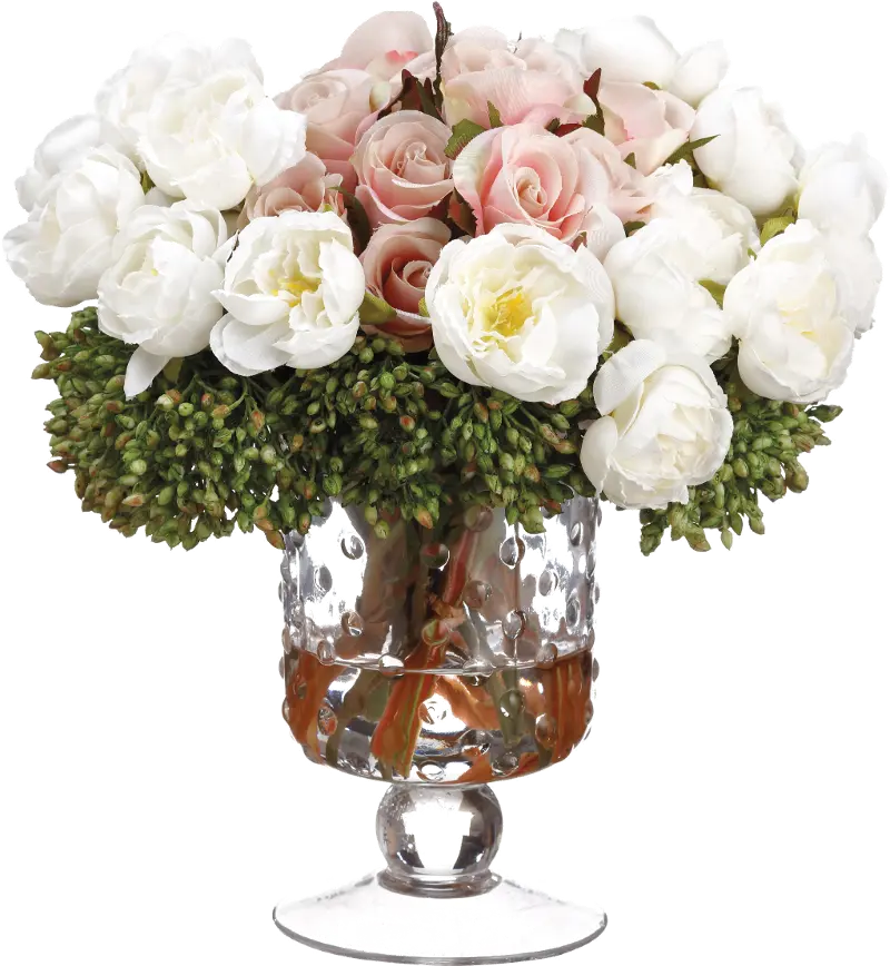Cream and Pink Faux Ranunculus Rose and Berry Arrangement in Glass Vase