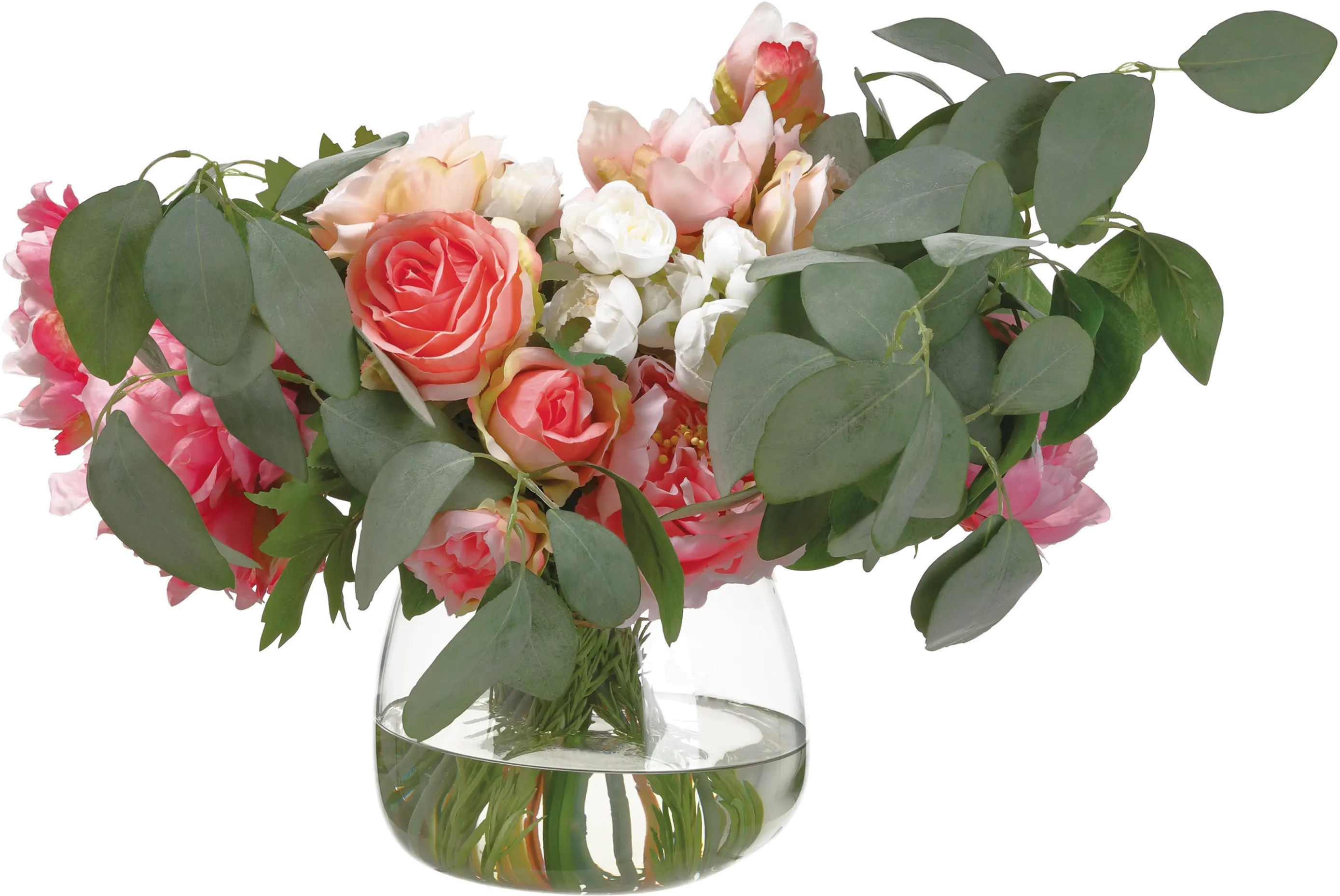 Faux Cerise Pink Peony and Rosemary Arrangement in Glass Vase-1