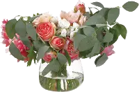 Faux Cerise Pink Peony and Rosemary Arrangement in Glass Vase