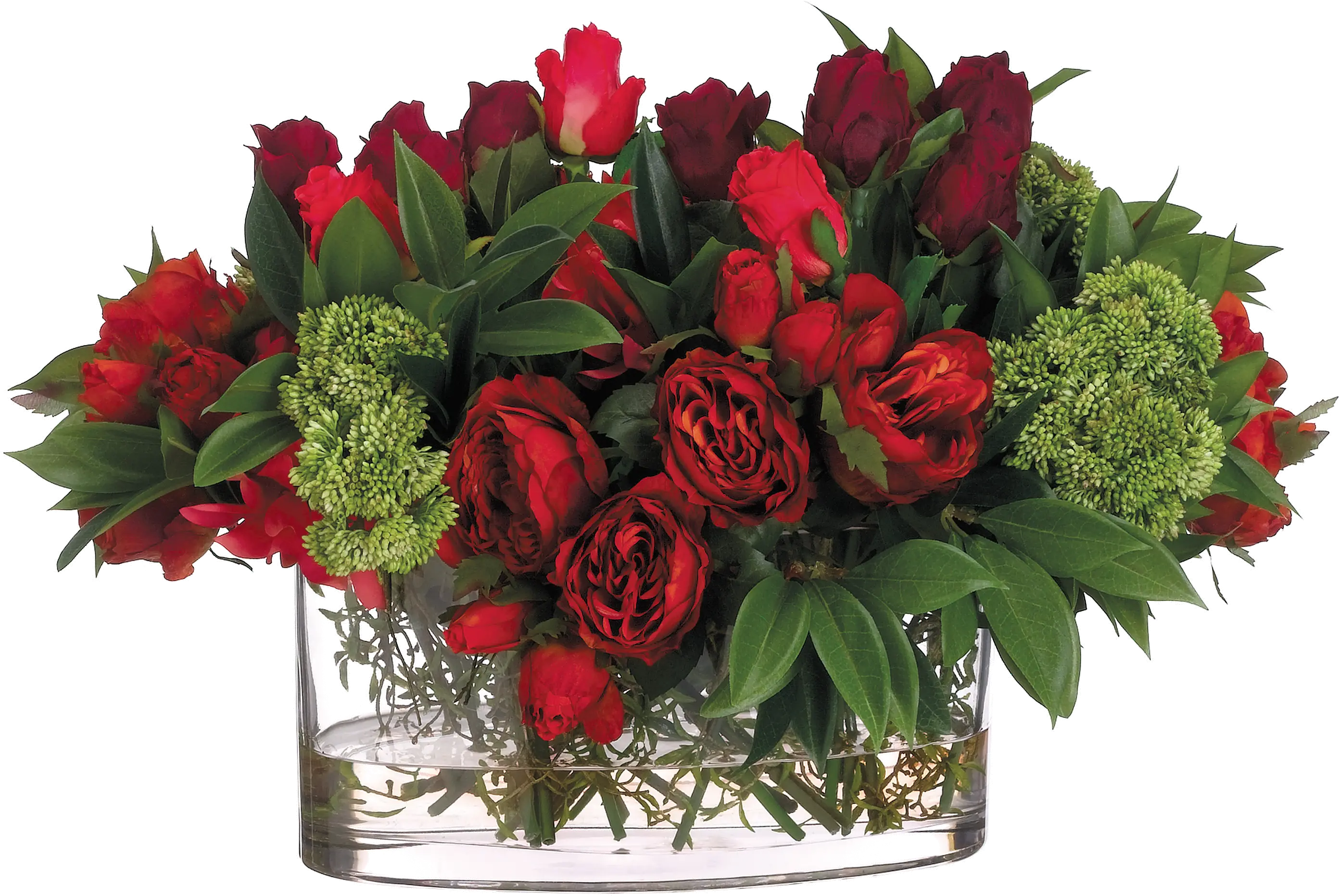 Red and Green Rose and Dahlia Faux Arrangement in Glass Vase-1