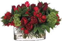 Red and Green Rose and Dahlia Faux Arrangement in Glass Vase