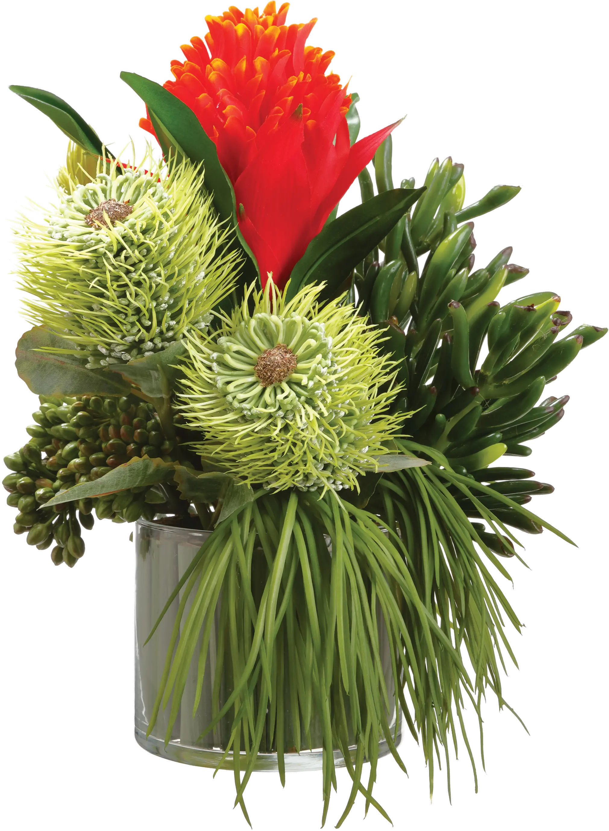 Red and Green Bromeliad, Succulent and Grass in Glass Vase-1
