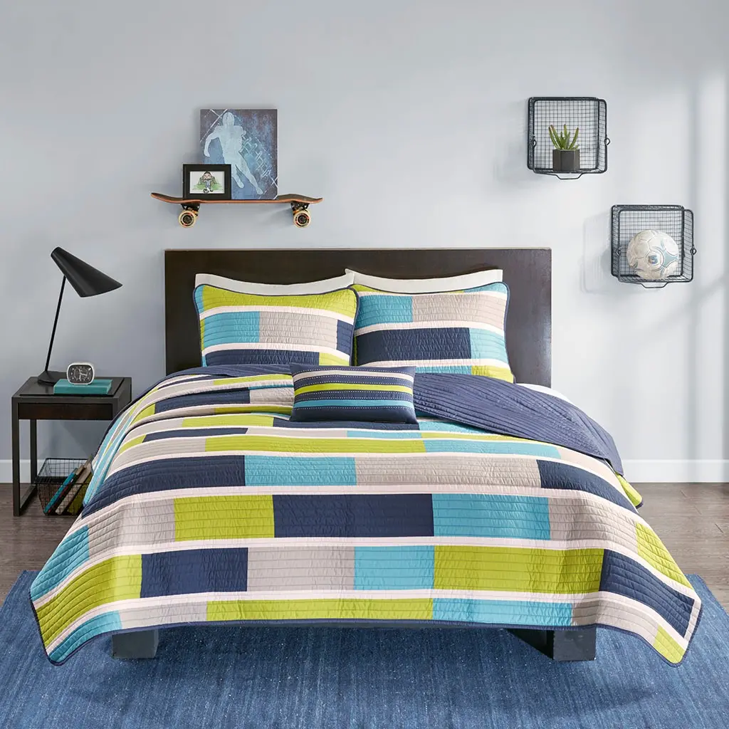 Navy, Gray and Green Twin Bradley 3 Piece Bedding Collection-2