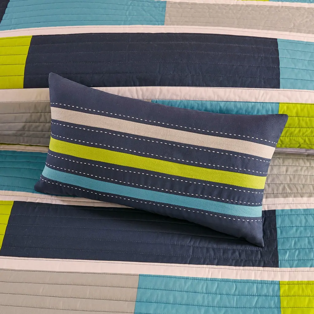 Navy, Gray and Green Twin Bradley 3 Piece Bedding Collection-3