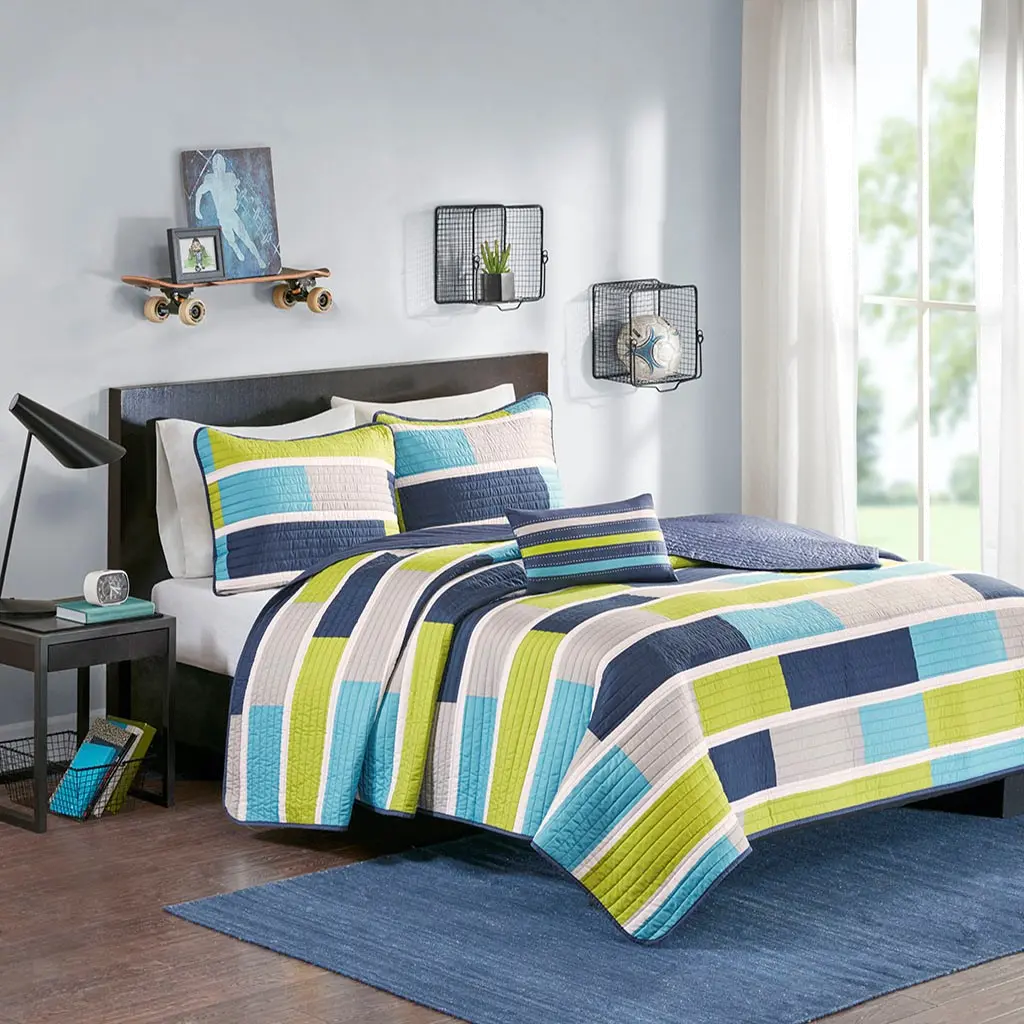 Navy, Gray and Green Twin Bradley 3 Piece Bedding Collection-6