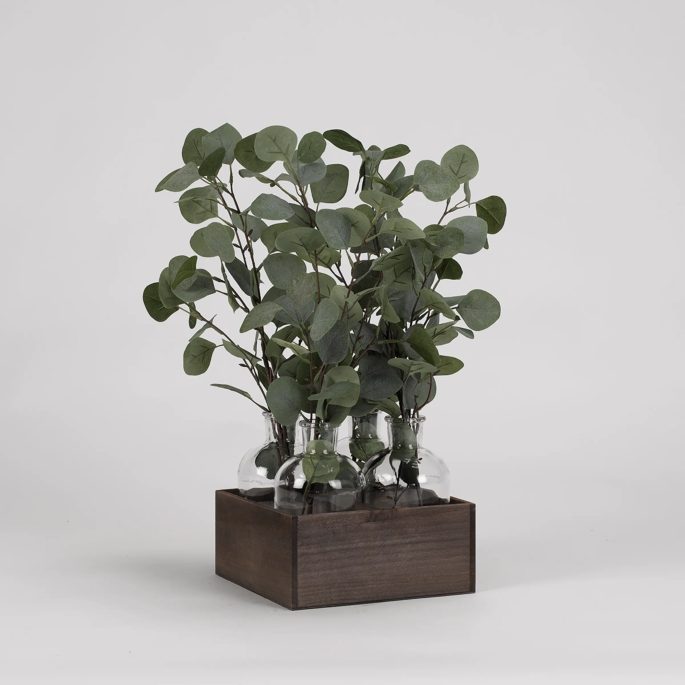 Faux Silver Dollar Eucalyptus Arrangement in Glass Bottles and Wood Crate-1