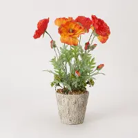 Red and Orange Faux Poppy Arrangement in Cement Planter