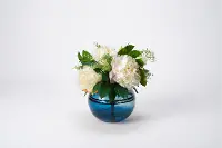 Faux Cream Peony Arrangement in Blue Glass Bowl