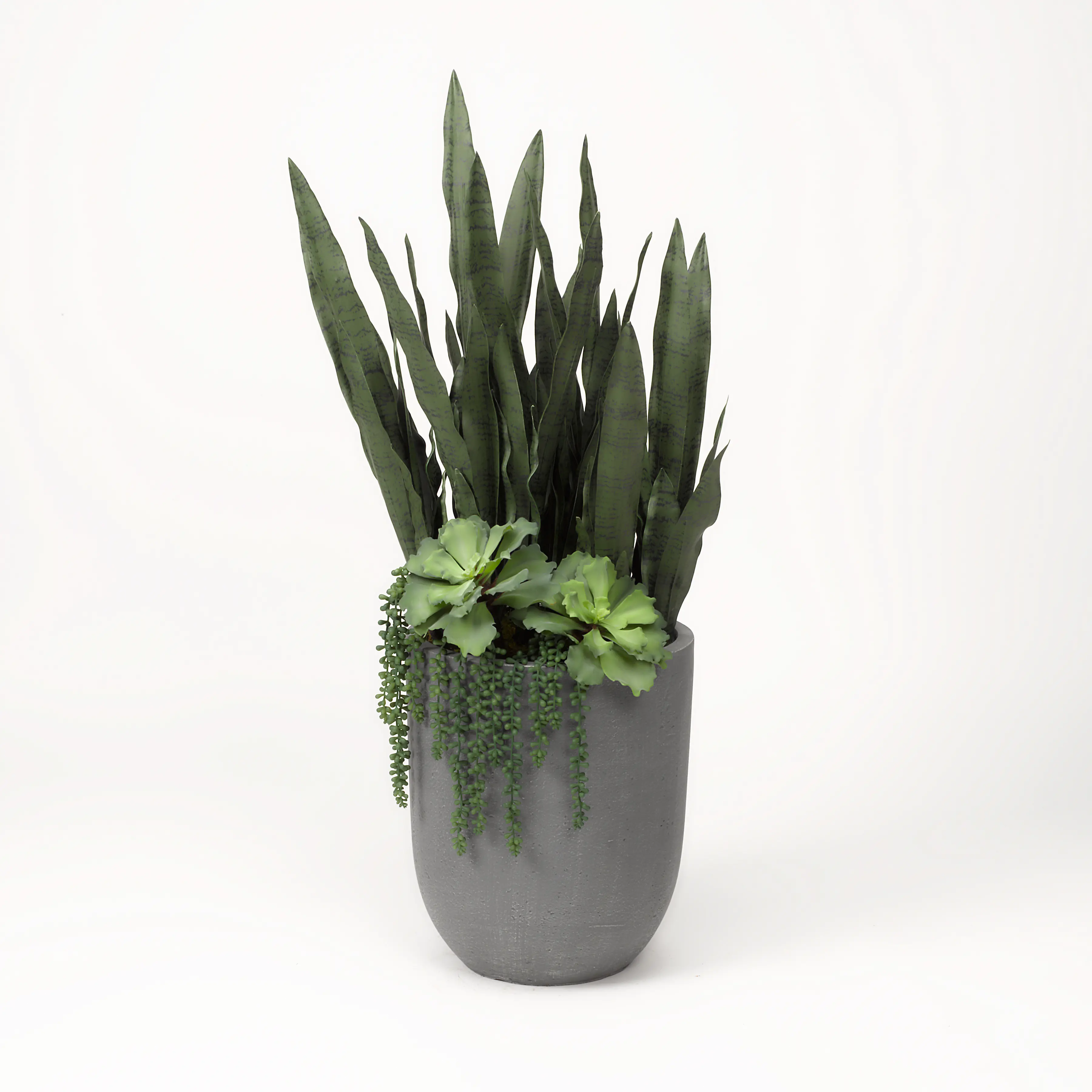 Faux Green Senaveria, Echeveria, and Cedum Arrangement in Gray Container-1