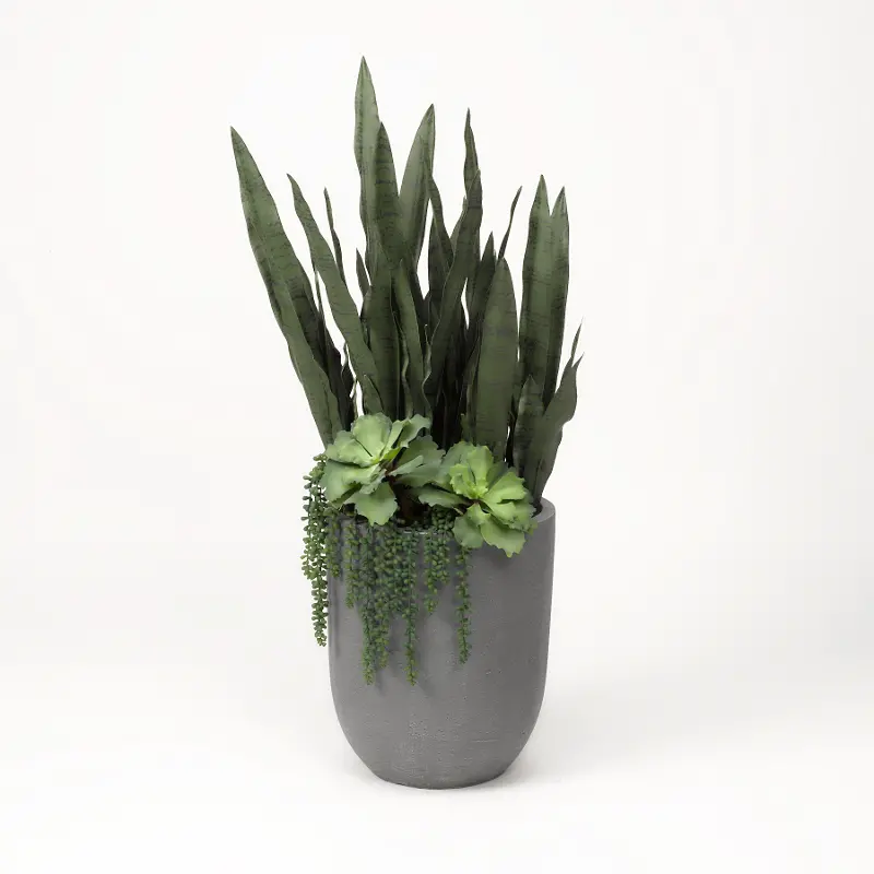 Faux Green Senaveria, Echeveria, and Cedum Arrangement in Gray Container