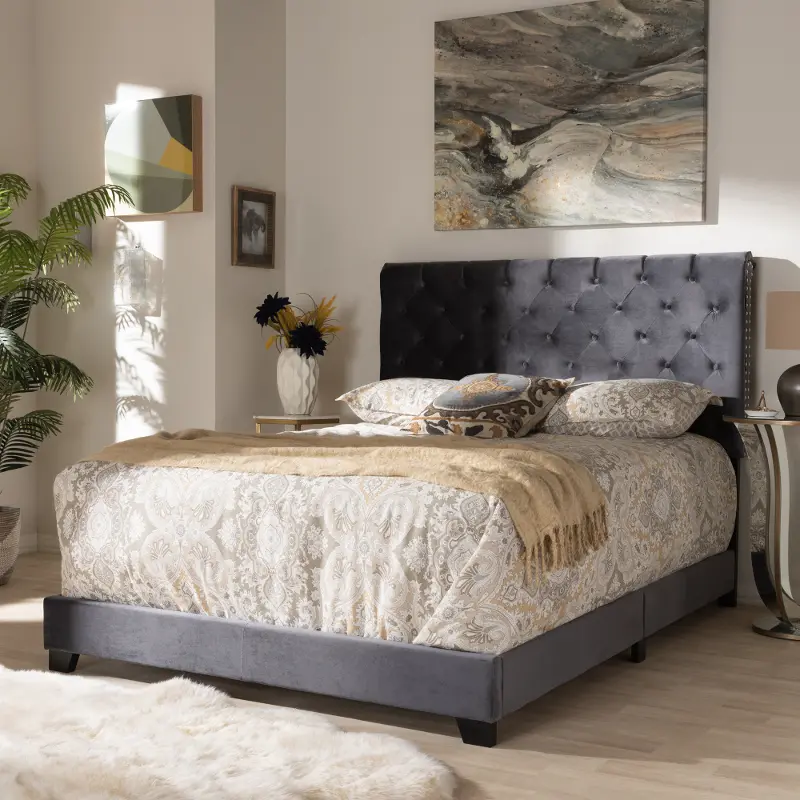 Glam Dark Gray Velvet Upholstered Queen Bed - Katelin