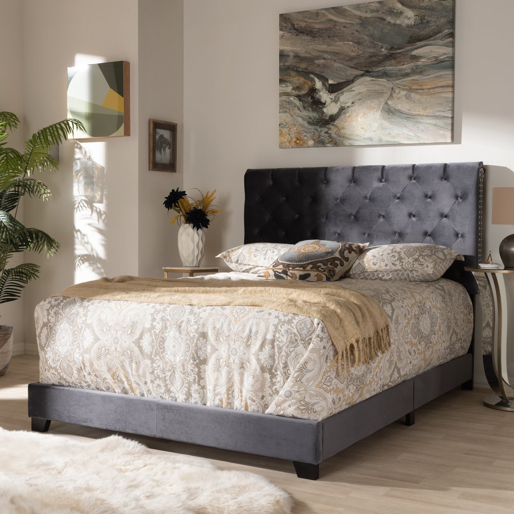 Glam Dark Gray Velvet Upholstered King Bed - Katelin