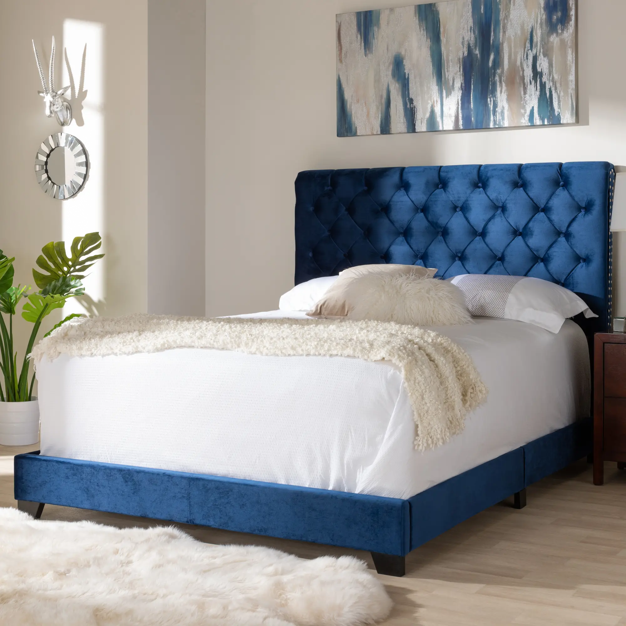 149-8947-RCW Glam Navy Blue Velvet Upholstered Full Bed - Katelin-2
