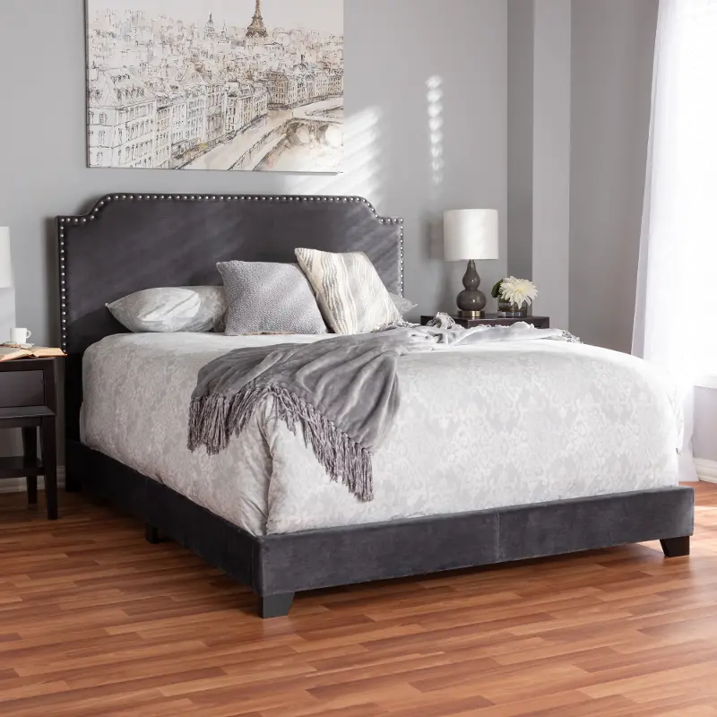 Glam Dark Gray Velvet Upholstered Queen Bed - Eleanora