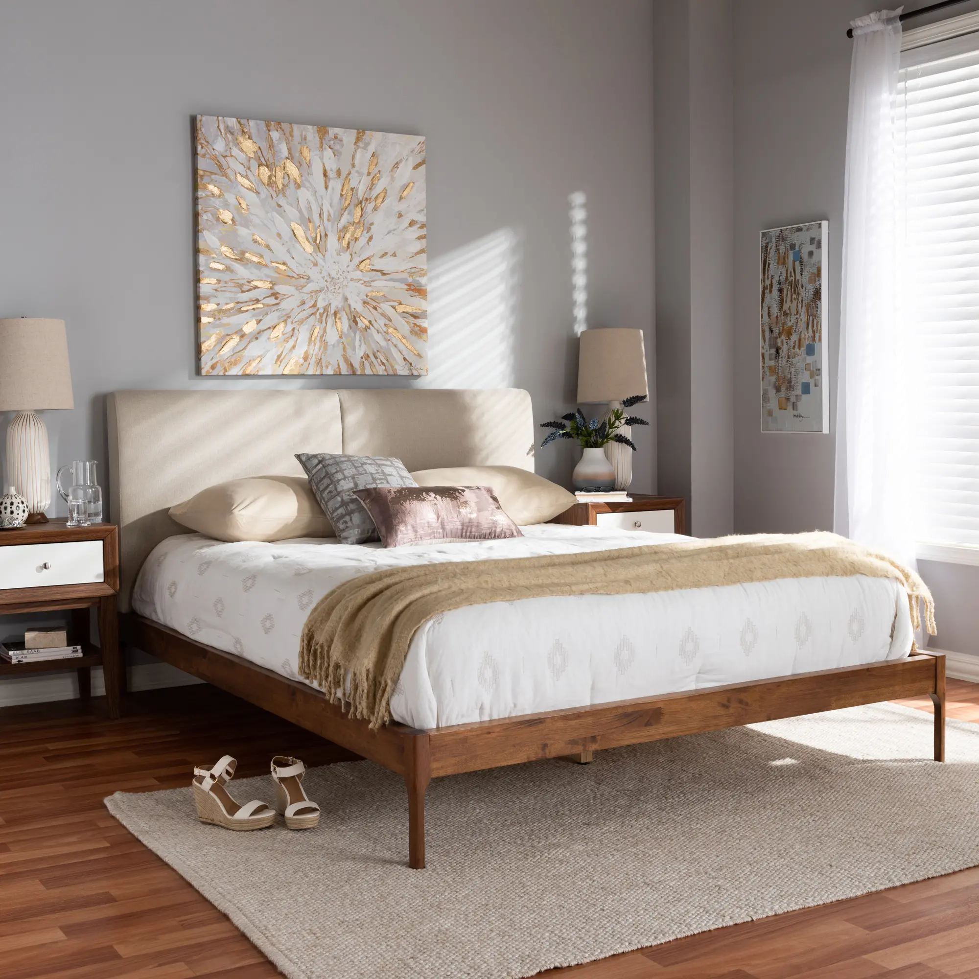 149-8775-RCW Mid-Century Beige and Walnut Upholstered Platform Queen Bed - Anneka-2