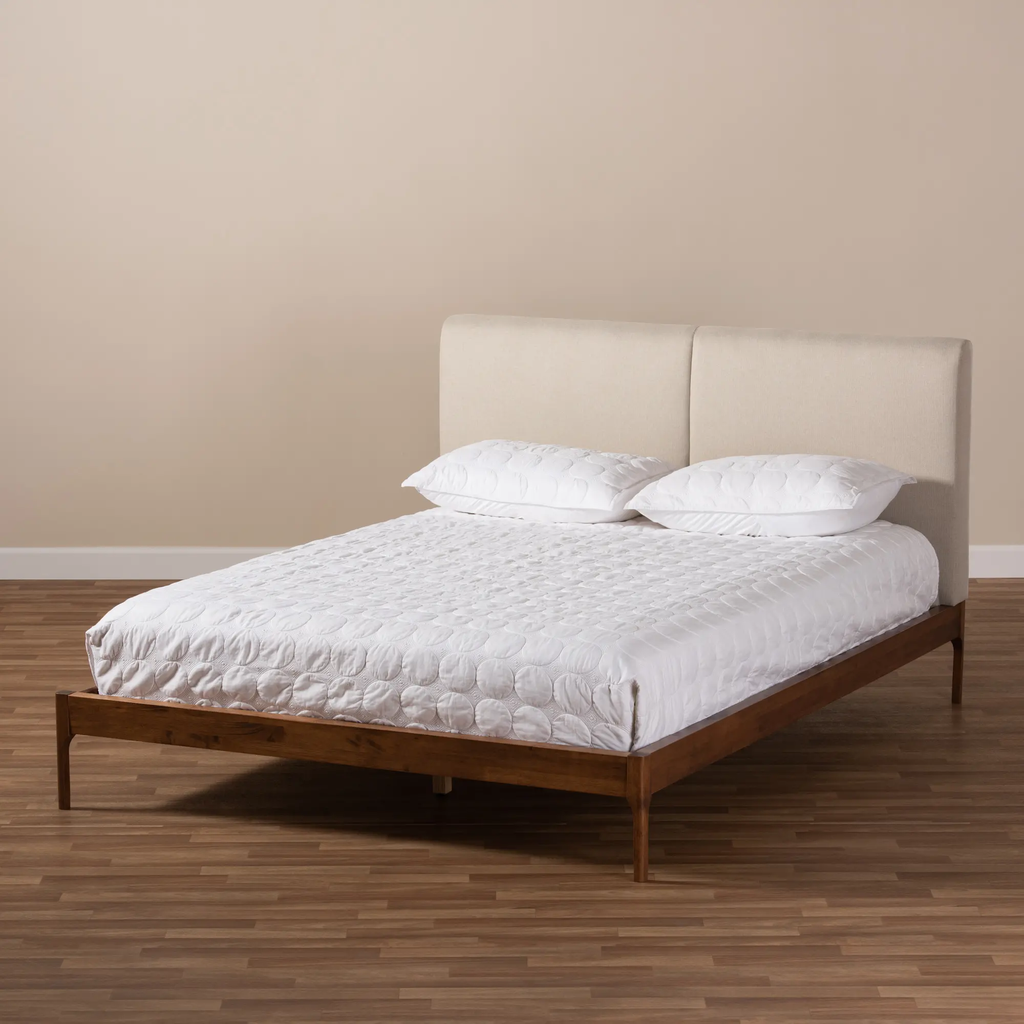 149-8775-RCW Mid-Century Beige and Walnut Upholstered Platform Queen Bed - Anneka-3