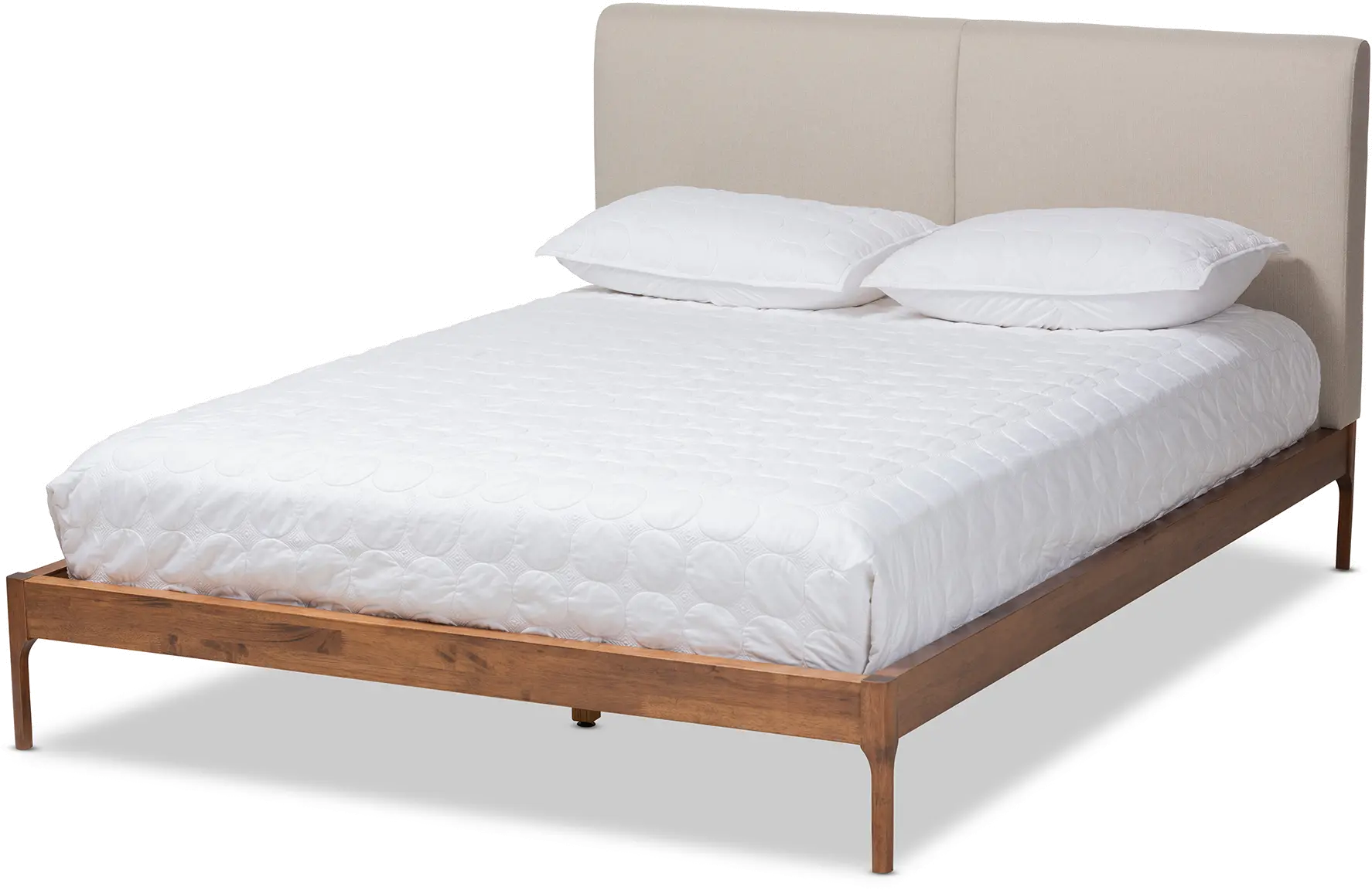 149-8775-RCW Mid-Century Beige and Walnut Upholstered Platform Queen Bed - Anneka-1