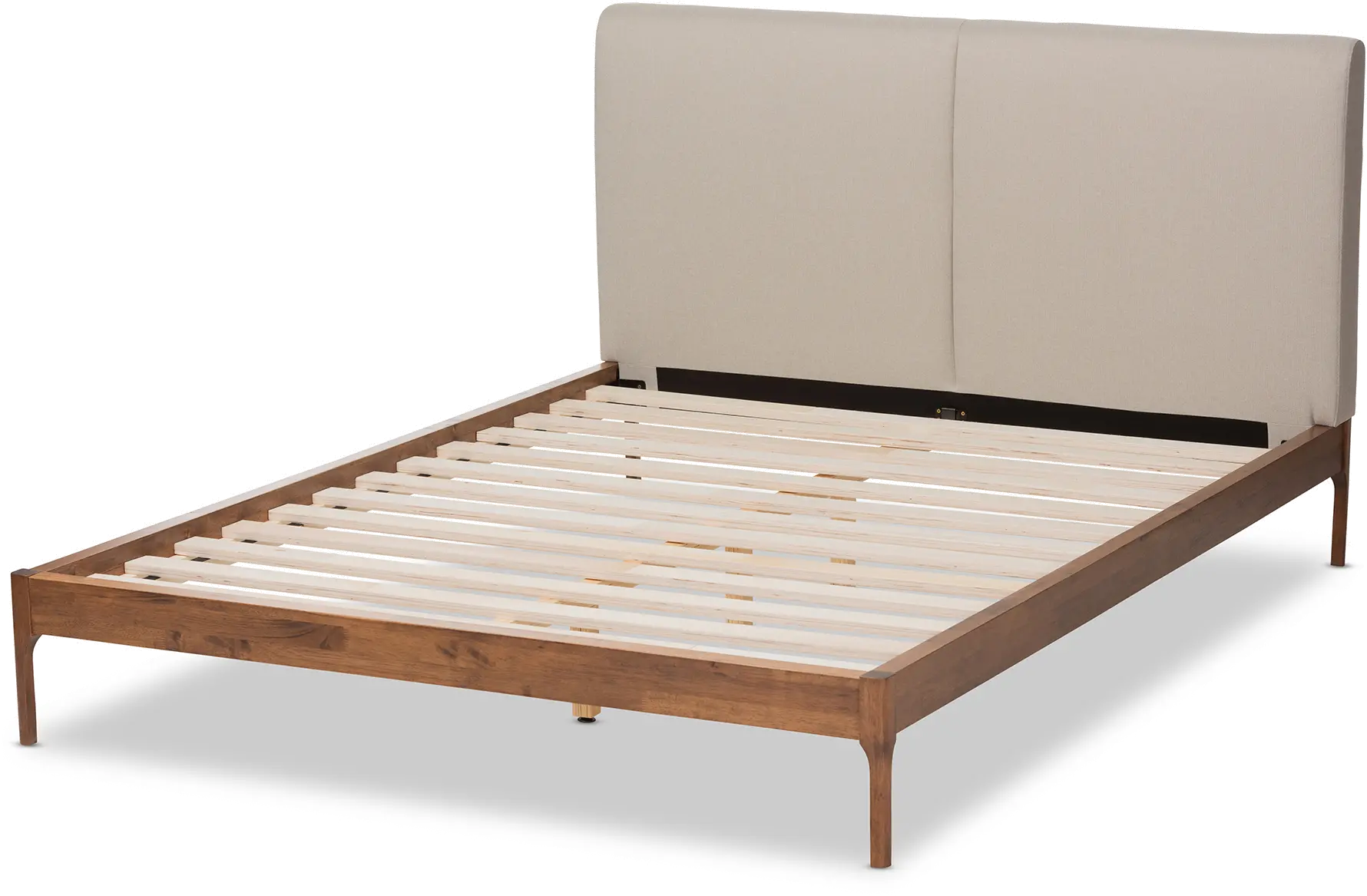 149-8775-RCW Mid-Century Beige and Walnut Upholstered Platform Queen Bed - Anneka-5