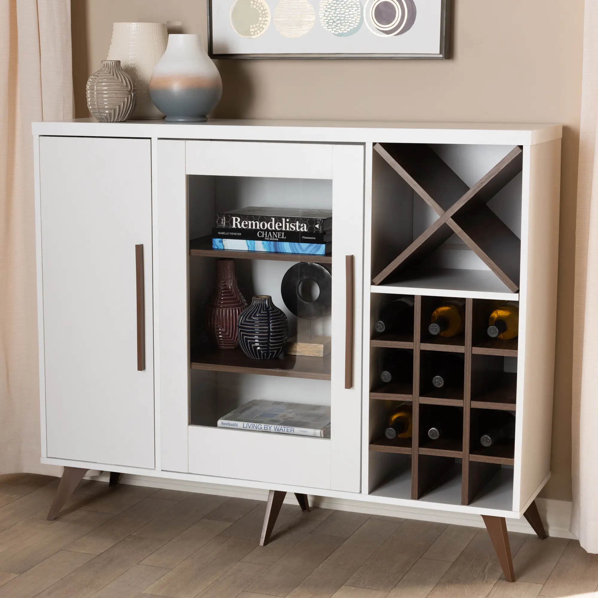 150-9003-RCW Laurie Mid Century White and Walnut Wine Cabinet-2