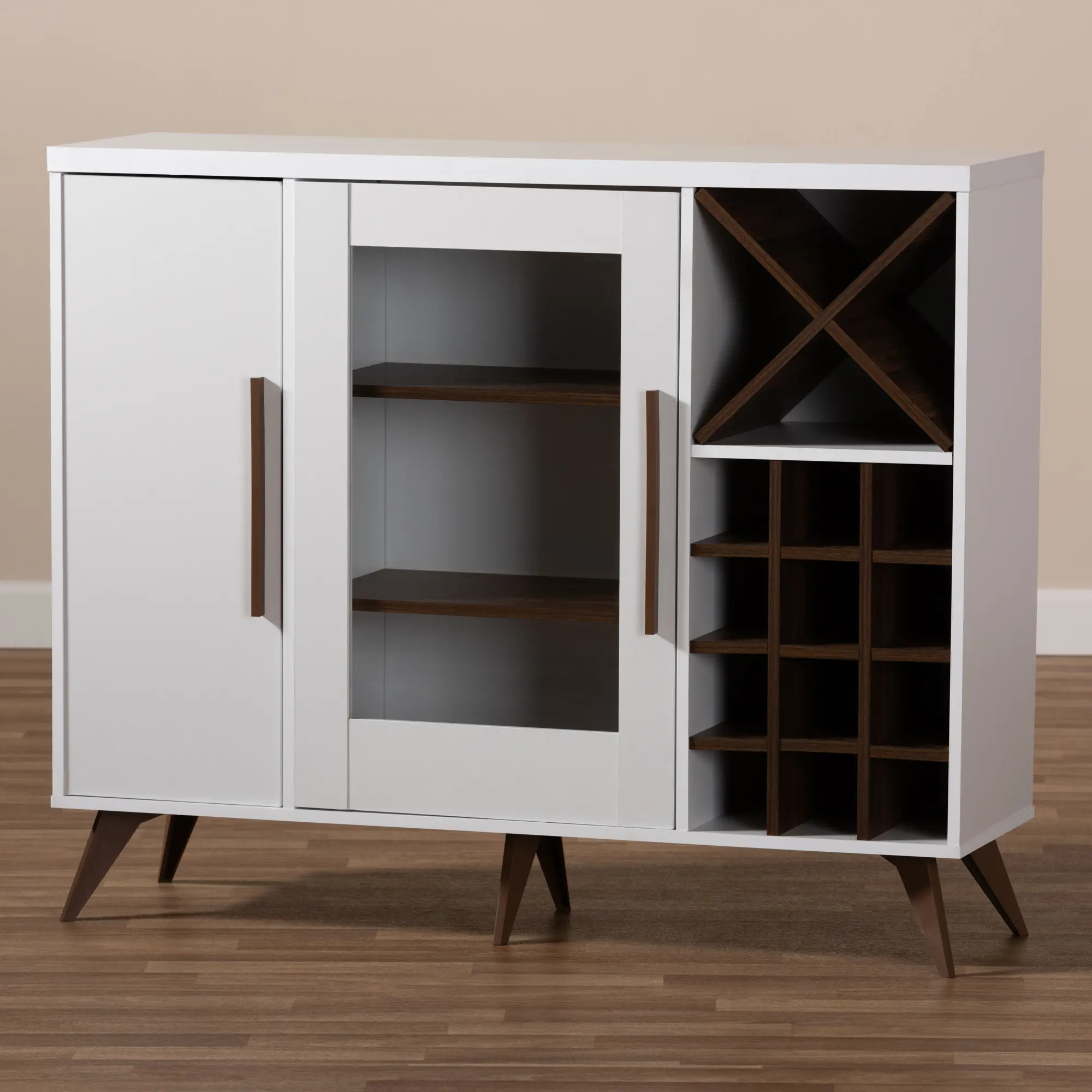 150-9003-RCW Laurie Mid Century White and Walnut Wine Cabinet-3